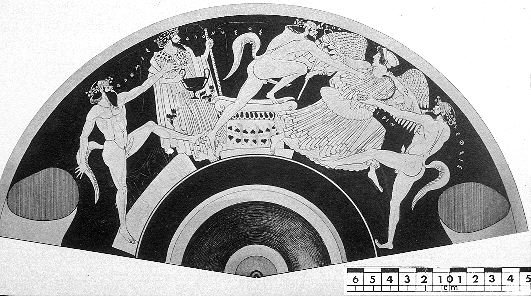 Attic Greek red figured vase - Satyrs attacking Iris, Dionysus standing by